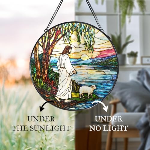 Jesus and Lamb Stained Glass Window Hanging Suncatcher, Christian Willow Tree Sun Catcher Indoor Window Decor, Religious Painted Glass Round Wall Hanging Decorations, 7.8x7.8 in - Image 6