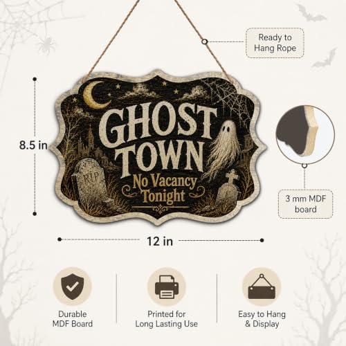 Vintage Halloween Wooden Sign with Rope 8.5x12 Inch Spooky Gothic Wall Plaque Ghost Witch Moon Farmhouse Decor for Front Door Porch Indoor Outdoor Seasonal Wall Hanging Art（A04） - Image 2
