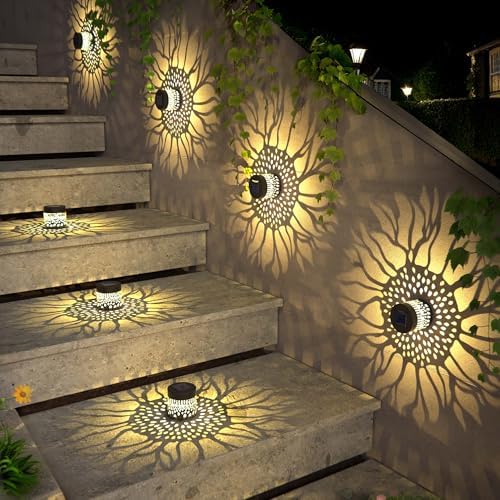 Hapjoy Solar Fence Lights 2 Pack Outdoor Deck Step Wall Lights Metal Waterproof LED Warm Yellow Light for Garden Post Patio Backyard Yard Decor (Sunflower, 2) - Image 4