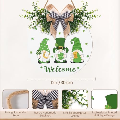 St Patricks Day Welcome Door Wreath Decor Shamrock Gnomes Door Sign Green Holiday Wooden Hanging Signs Hanger Farmhouse St. Patrick's Day Decoration for Window Wall Porch - Image 7