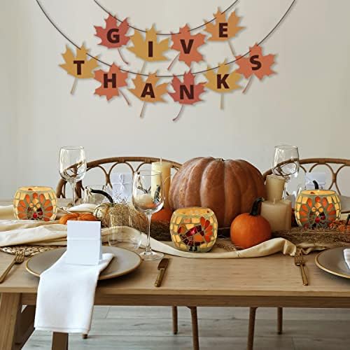 SHMILMH Thanksgiving Votive Candle Holder Set of 4, Mosaic Glass Tealight Holders with Turkey for Fall Table Centerpiece Fireplace Party Decorations - Image 3