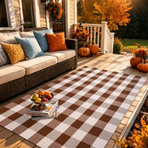 Buffalo Plaid Area Rug 5x7 Ft, Brown White Indoor Outdoor Rug - Image 4