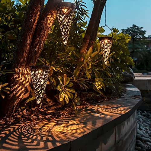 Outdoor Decorative Solar Hanging Lights with Delicate Hollow Conical Lantern Design - Set of 3 Chandelier for Patio, Tree, Garden, Yard, Porch, Backyard Pathway and Christmas Decoration. by TWINKVILLA