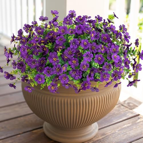 Daisy Artificial Flowers for Outdoors Decor, 12 Bundles Faux Daisy with Eucalyptus Fake Plants Greenery UV Resistant Look Real Colorful Faux Flowers for Outside Planter Porch Patio Garden, Dark Purple - Image 3