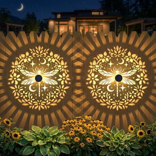 2 Pack Solar Fence Lights Metal Solar Powered Outdoor Wall Deck Step Lights Dragonfly Floral Theme Waterproof Fence Light for Garden Post Patio Backyard Yard Decor, Gardening Gifts for Women Mom by gardencave