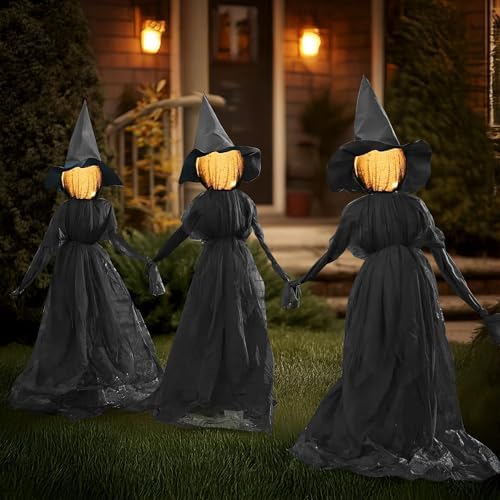 TW SHINE Halloween Witch Decorations Outdoor, 5 FT Set of 3 Holding Hands Witches Stakes with Glowing Face, Lighted Halloween Decor for Party Yard Lawn Porch Garden Haunted House Props - Image 3