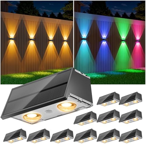 NIORSUN Solar Fence Lights,12 Pack Deck Light,Led Outdoor Lights 3000K/4500K/6000K+ RGB Up & Down Wall Lights Waterproof,Solar Powered Light for Backyard/Pool/Railing/Patio/Porch/Step Black by NIORSUN