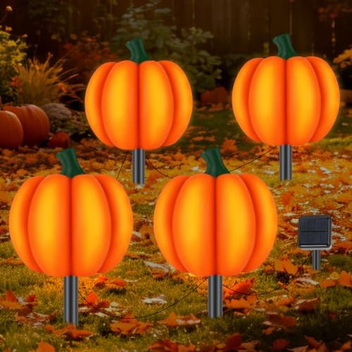 4-in-1 Pumpkin Solar Lights Outdoor Halloween Decorations Fall Stake Lights by Eyourlife