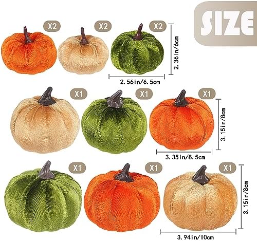 Artmag 12Pcs Fall Artificial Velvet Pumpkins Assorted Sizes Orange Green Khaki Fake Farmhouse Harvest Pumpkins for Fall Thanksgiving Party Home Decoration - Image 3