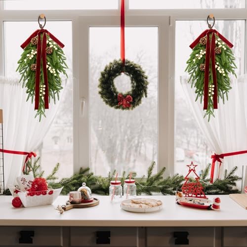 nuvagiki Christmas Teardrop Swag Decorations, 24'' Christmas Teardrop Wreath Artificial Pine Needle Berries Hanging Decor, Red Velvet Bow Swag Decorations for Front Door Mantle Wall Indoor Home Decor - Image 5