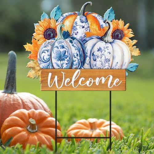 Yuntau Blue White Pumpkin Yard Stake 24 Inch Metal Fall Welcome Sign by Yuntau