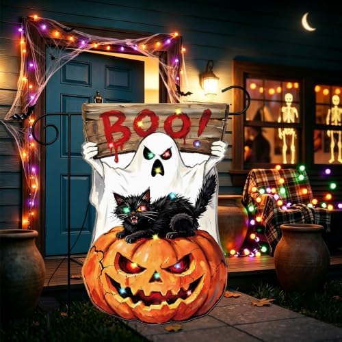 12x18 Inch Lighted Halloween Garden Flag, BOO Ghost Black Cat Pumpkin Yard Flag with Solar LED Lights, Double Sided Outdoor Halloween Decorations for Lawn Porch Garden - Image 6