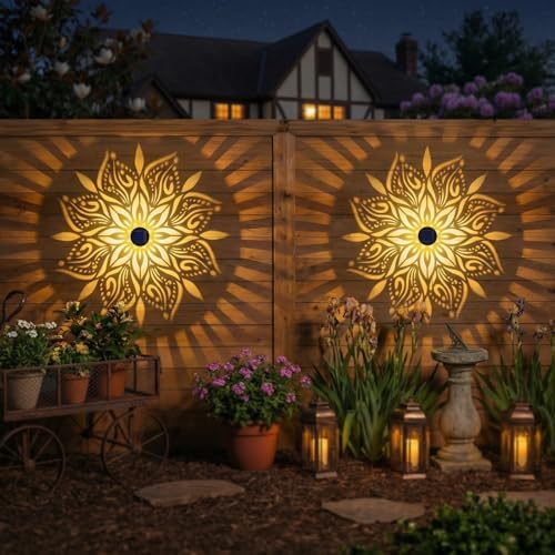 2 Pack Solar Fence Lights Metal Solar Powered Outdoor Wall Deck Step Lights Mandala Theme Waterproof Fence Light for Garden Post Patio Backyard Yard Decor, Gardening Gifts for Women Mom Grandma - Image 3