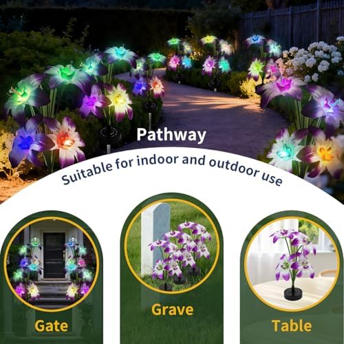 Solar Garden Lights Outdoor - Solar Flowers Lights Outdoor Decorative Waterproof, 40 Hour Coloring Changing Lily Flower Yard Pathway Light Solar Powered, Cemetery Decoration, Backyard Decor, 4pcs - Image 4
