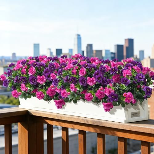Artificial Faux Outdoor Flowers Plants for Spring Summer Decoration, Fake Silk Camellia UV Resistant Look Real for Planter Outside Front Door Porch Patio Balcony, 3 Large Bundles (Purple+Fuchsia) - Image 6