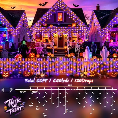 XURISEN Halloween Lights Outdoor, 66FT 640 LED Orange Purple Halloween String Lights with 120 Drops, 8 Modes Timer Memory Function Hanging Curtain Lights for Halloween Decorations Holiday Party Eaves - Image 5