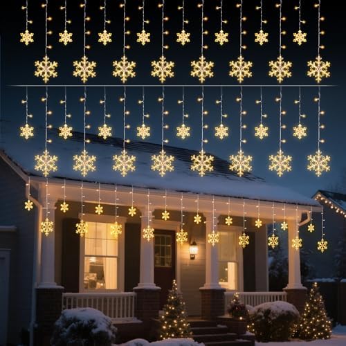 2 Pack 13 Ft 192 LED Snowflake Christmas Icicle Lights with 16 Drops, 8 Modes and Timer, IP65 Waterproof Connectable for Indoor Outdoor House Window, Warm White by Minetom