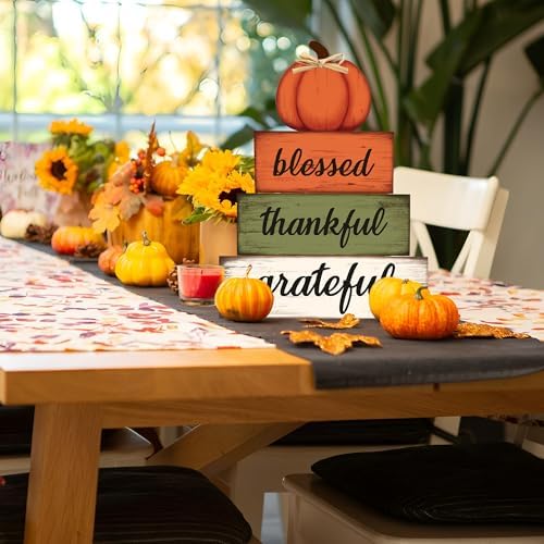 4 Pcs Fall Wooden Table Sign Fall Wooden Tiered Tray Decor Thankful Blessed Grateful Tabletop Signs Farmhouse Pumpkin Wood Blocks for Autumn Thanksgiving Harvest Home Kitchen Table Shelf Decor - Image 7