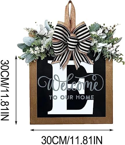 Last Name All Year Round Front Door Wreath with 26 Initial Letter Welcome Sign All Seasons Eucalyptus Garland and Bow ，Farmhouse, Porch, for Spring Summer Fall All Seasons Holiday Halloween Christmas.（E） - Image 5