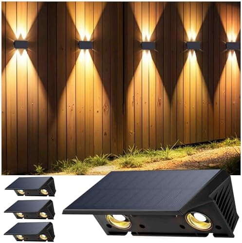 Solar Lights Outdoor Waterproof IP67, WarmWhite Solar Wall Lights Outdoor with Flexible Up and Down, Fence Lights Solar Powered Dusk to Dawn for Patio, House, Garage, Porch, Garden, Door (4 Pack) by IIRARA