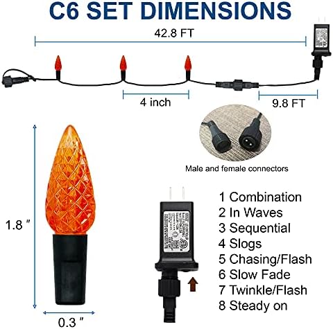 WATERGLIDE Halloween C6 String Lights, 33ft 100 LED Black Wire Fairy Lights with 29V Safe Adaptor, 8 Lighting Mode, Waterproof for Indoor Outdoor Patio Xmas Tree Party Decor, Orange - Image 4