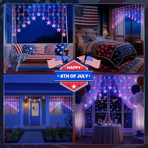 YOUNGAR 4th of July Star Icicle Lights,118 LED Patriotic Curtain String - Image 6