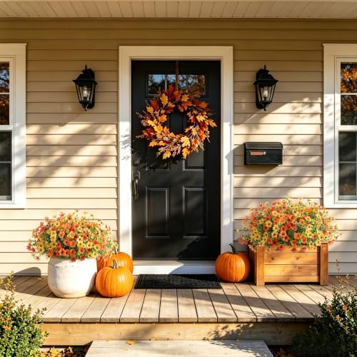 Fall Mums Artificial Flowers for Outdoors Potted, 12 Bundles Fake Fall Daisy Flower with Realistic Eucalyptus Leaves, Fake Plants for Greenery Boxwood Porch Patio Garden Pot Lawn(Yellow Orange) - Image 5