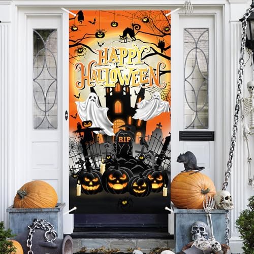 Avezano Halloween Door Cover Orange Cemetery Halloween Door Decorations by AVEZANO