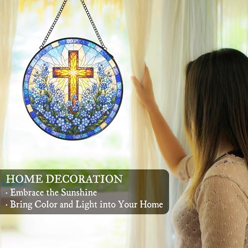 Cross Forget Me Not Stained Glass Window Hanging Garden Suncatcher - Image 3