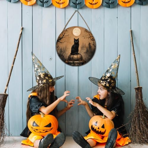 Halloween Gothic Cat Round Door Sign, 10 Inch Wooden Hanging Plaque with Rope, Rustic Retro Wall Decor for Home Porch Entryway Halloween Party Decoration - A06 - Image 4