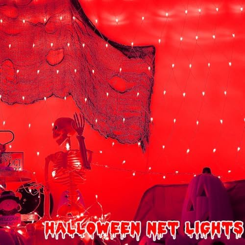 YEGUO Halloween Net Lights Outdoor Mesh Lights, 12ft x 5ft 360 LED Red Christmas Light Outdoor Waterproof, 8 Modes Connectable Clear Wire Halloween Bush Light Plug in - Image 4