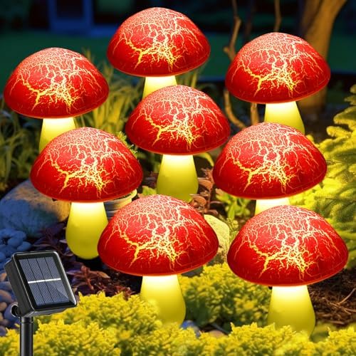 Solar Mushroom Lights Garden Decor 8 Red Crack Mushrooms Outdoor Decor Stake Lights, Waterproof Solar Pathway Light Gardening Gifts for Landscape Easter Gnomes Yard Halloween Christmas Decorations by Viewpick