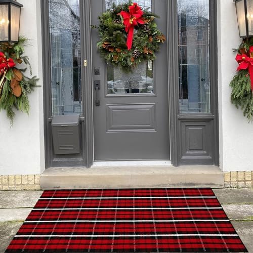 Buffalo Plaid Outdoor Rug, 3' x 5' Christmas Red & Black Check Indoor/Outdoor Area Rug, Layering Rug for Hello/Welcome Door Mat, Machine Washable Cotton Woven Farmhouse Mat for Front Porch Décor - Image 6