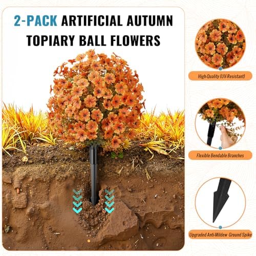 Alupssuc 4Pcs Artificial Fall Ball Flowers for Outdoors, Fake Plants - Image 3