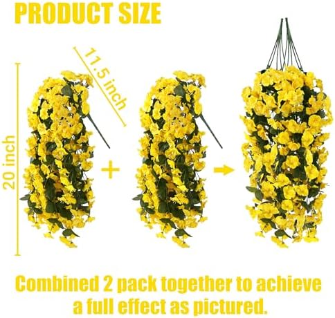 Sggvecsy Artificial Fake Hanging Flowers Plants for Outdoor Outside Spring Summer Decoration 4PCS Faux Silk UV Resistant Realistic Morning Glory Trailing Vines for Home Porch Patio Balcony(Yellow) - Image 2