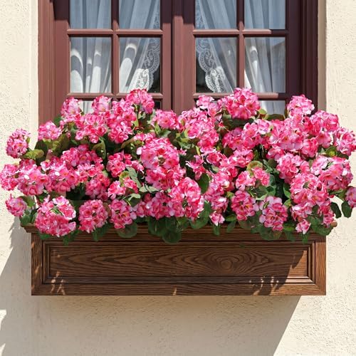 Artificial Geranium Fake Flowers for Outdoors Decoration, 6 Bundles Silk Geraniums Pink Flower UV Resistant Look Real Faux Plants for Outside Planter Front Door Garden Porch Patio Balcony Yard Home - Image 3