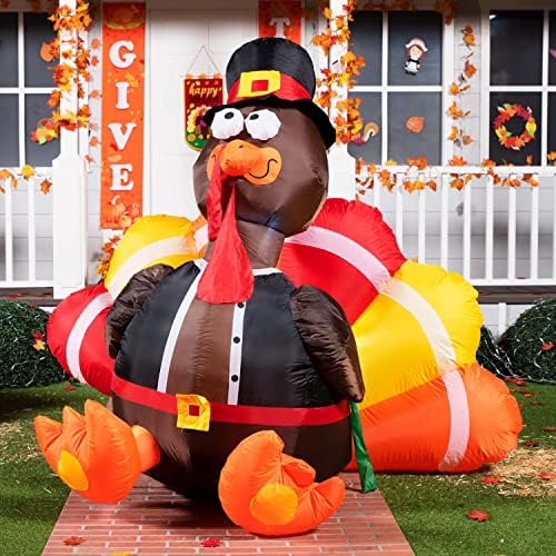Joiedomi 6 FT Thanksgiving Inflatable Turkey Decorations, LED Light Up Turkey with Pilgrim Hat, Blow Up Decor for Thanksgiving Outdoor Decorations, Halloween Inflatable for Yard Garden - Image 4