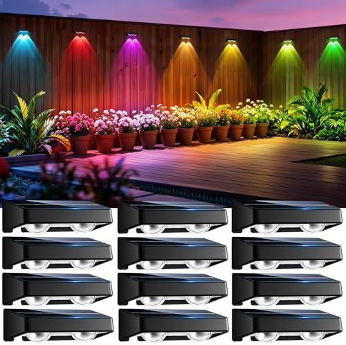 Solar Fence Lights Outdoor, 12 Pack Color Changing Fence Lights Solar Powered with 9 RGB Colors & 11 Lighting Modes, IP65 Waterproof Dusk to Dawn Fence Lights for Patio, Deck, Wall, Backyard by NIBUUECER