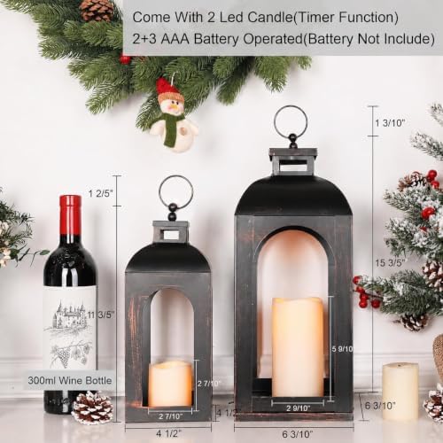 LED Lantern Decorative Outdoor&Indoor, Set of 2 (17’’&13’’) Black Metal Lanterns Decor, Vintage Hanging Candle Holder for Home Porch Wedding Halloween Christmas Decorations Battery Powered - Image 3