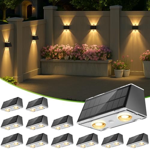LANSOW Solar Fence Lights Outdoor, 12 Pack Solar Powered Lights Waterproof, 9 Modes Warm/Cool White RGB Up-Down Led Spot Wall Lights Dusk to Dawn Decor for Backyard, Deck, Patio, Pool, Railing(Black) by LANSOW