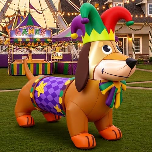 Leyndo 5.3 ft Mardi Gras Inflatable Outdoor Decorations Mardi Gras Dachshund Dog Inflatable Blow up Dachshund Dog with Built-in LED Lights for Holiday Party Indoor Outdoor Garden Lawn Yard Decoration - Image 6