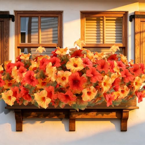 Geegoods Fall Artificial Petunias for Outdoors, 8 Bundles Orange Yellow by GeegoodsLLC