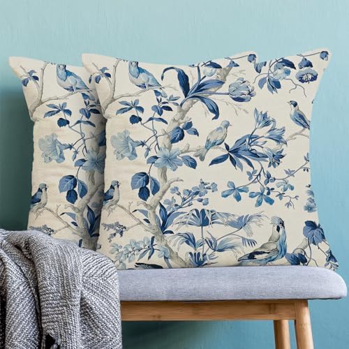 CXMEIFLY Navy Blue Spring Floral Pillow Covers 16 x 16 Inch Set of 2 for Chinoiserie Flowers Bird Decor Throw Pillows Vintage Plant Outdoor Decorative Cushion Cases for Couch Bed Decorations - Image 2