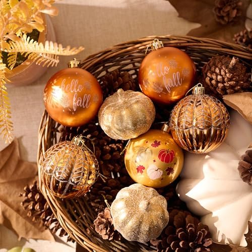 DecorbyHannah Fall Ornaments for Tree, 9ct 3.15in Large Gold Pumpkin Decor - Image 4