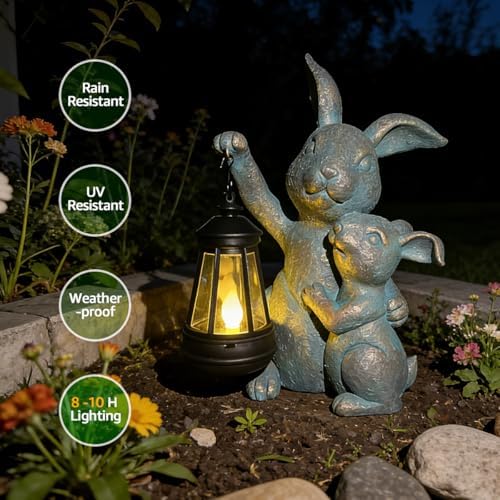 Solar Outdoor Statues Lantern Figurines Light Decorations for Garden Patio Balcony Yard Lawn, Ideal Gifts for Mom Friends (Bronze -Rabbit) - Image 2