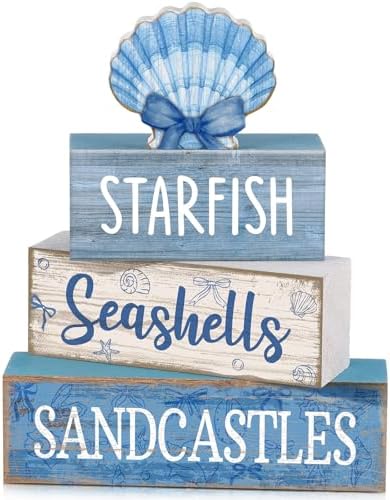Moucuny 4 Pcs Beach Wooden Signs Table Decor with Shell, Tiered Tray by Moucuny
