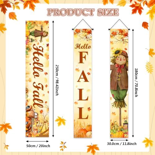 AIBIIN 3pcs Hello Fall Porch Decor Autumn Harvest Porch Banner Sign Thanksgiving Scarecrow Pumpkin Front Door Sign Hanging Home Farmhouse Yard Harvest Party Decorations - Image 2