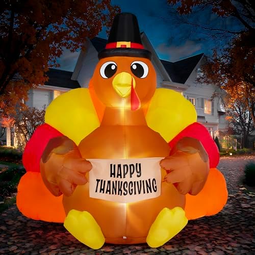 JOIEDOMI 6FT Thanksgiving Inflatable Turkey Decoration Outdoor, Light Up Inflation Turkey with LED, Happy Thanksgiving Blow Up Yard Decorations for Outside, Yard, Garden, Lawn, Party Supplies by Joiedomi