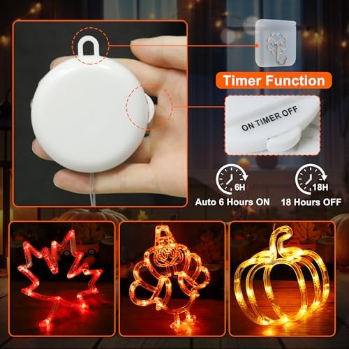 [Timer] 3 PCS Thanksgiving Lights Turkey Maple Leaf & Pumpkin Fall Lights, Thanksgiving Window Lights with Suction Cup, Thanks Giving Lighted Window Decorations for Home - Image 2