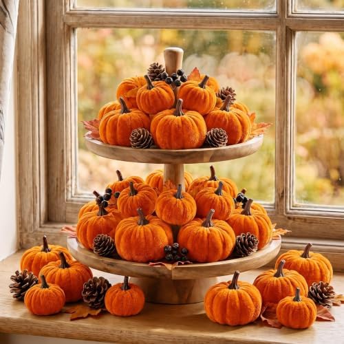 Weysat 24 Pcs Orange Velvet Pumpkins Fall Thanksgiving Decor, Assorted Size - Image 4